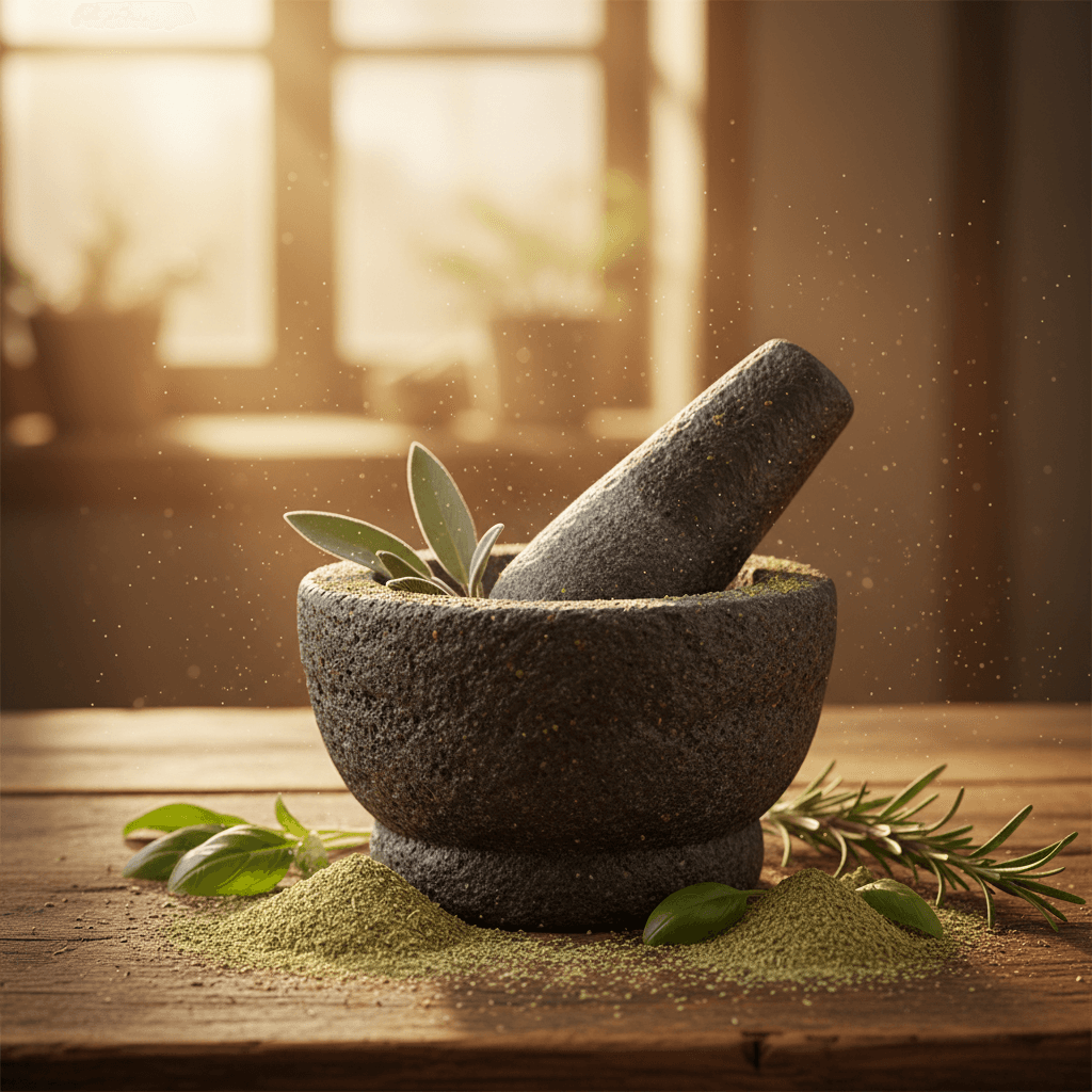 Close-up of mortar and pestle with ground herb powder on wooden table