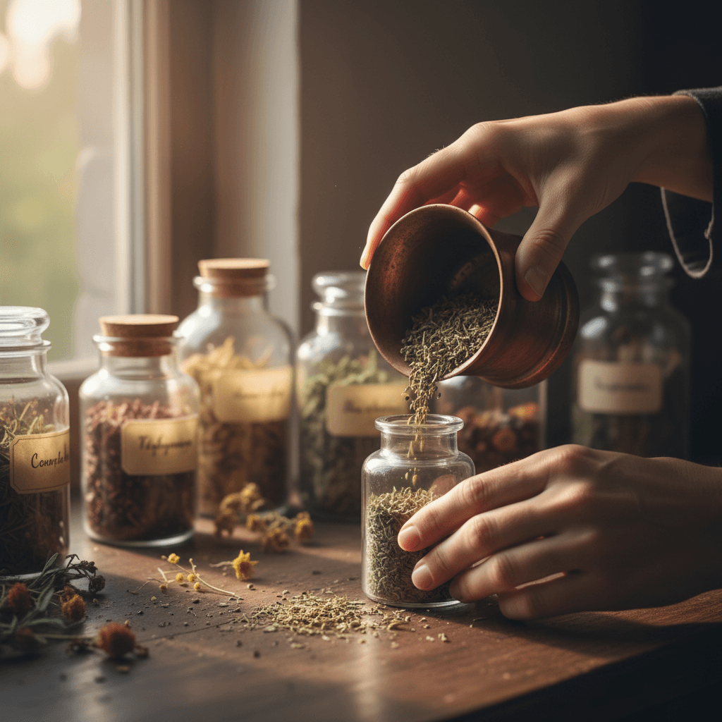 Herbs being poured into a jar in the apothecary.