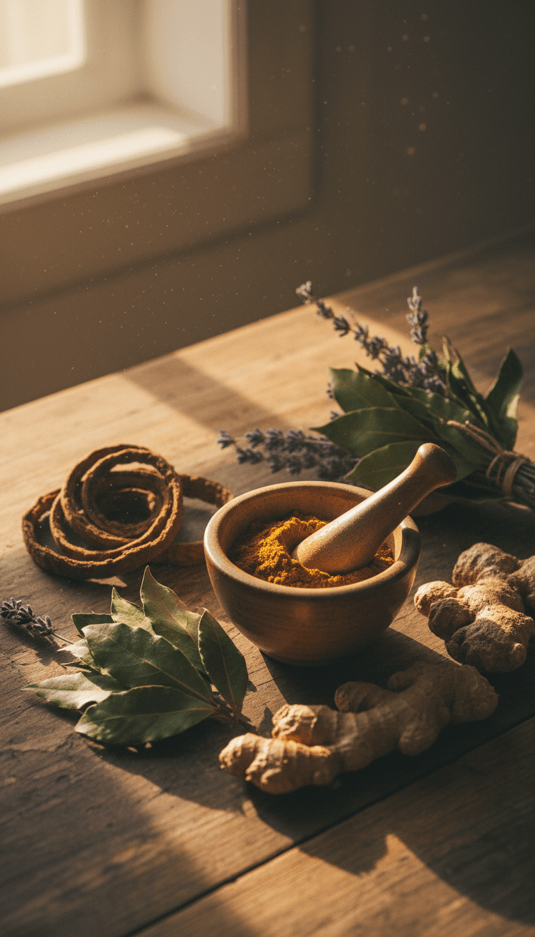 Dried herbs and roots on a wooden countertop in a Paris apothecary