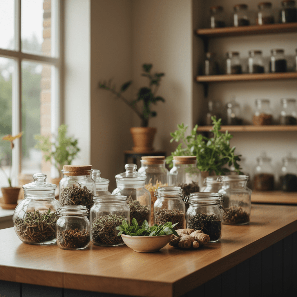 Shop counter with jars and a bowl of fresh ginger.