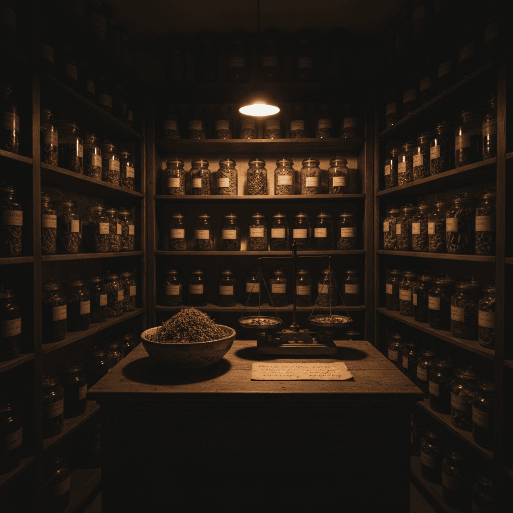 Wide shot of an apothecary counter with jars of herbs and a ceramic bowl