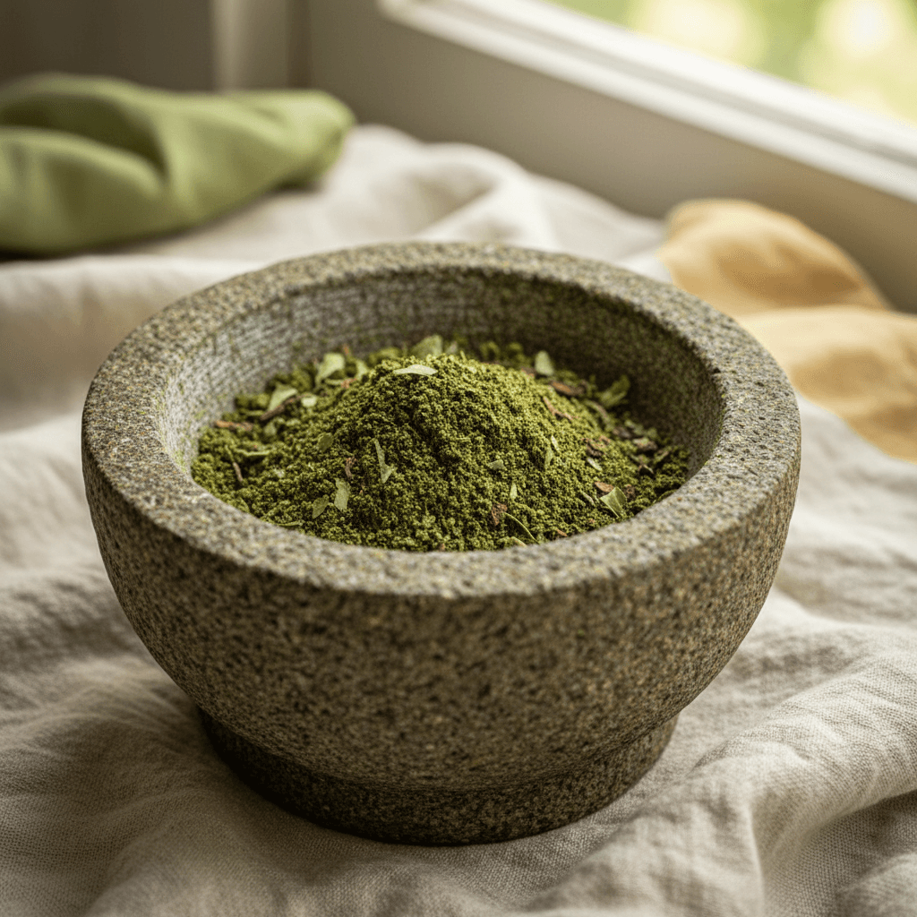 Freshly ground herbal powder in a mortar and pestle.