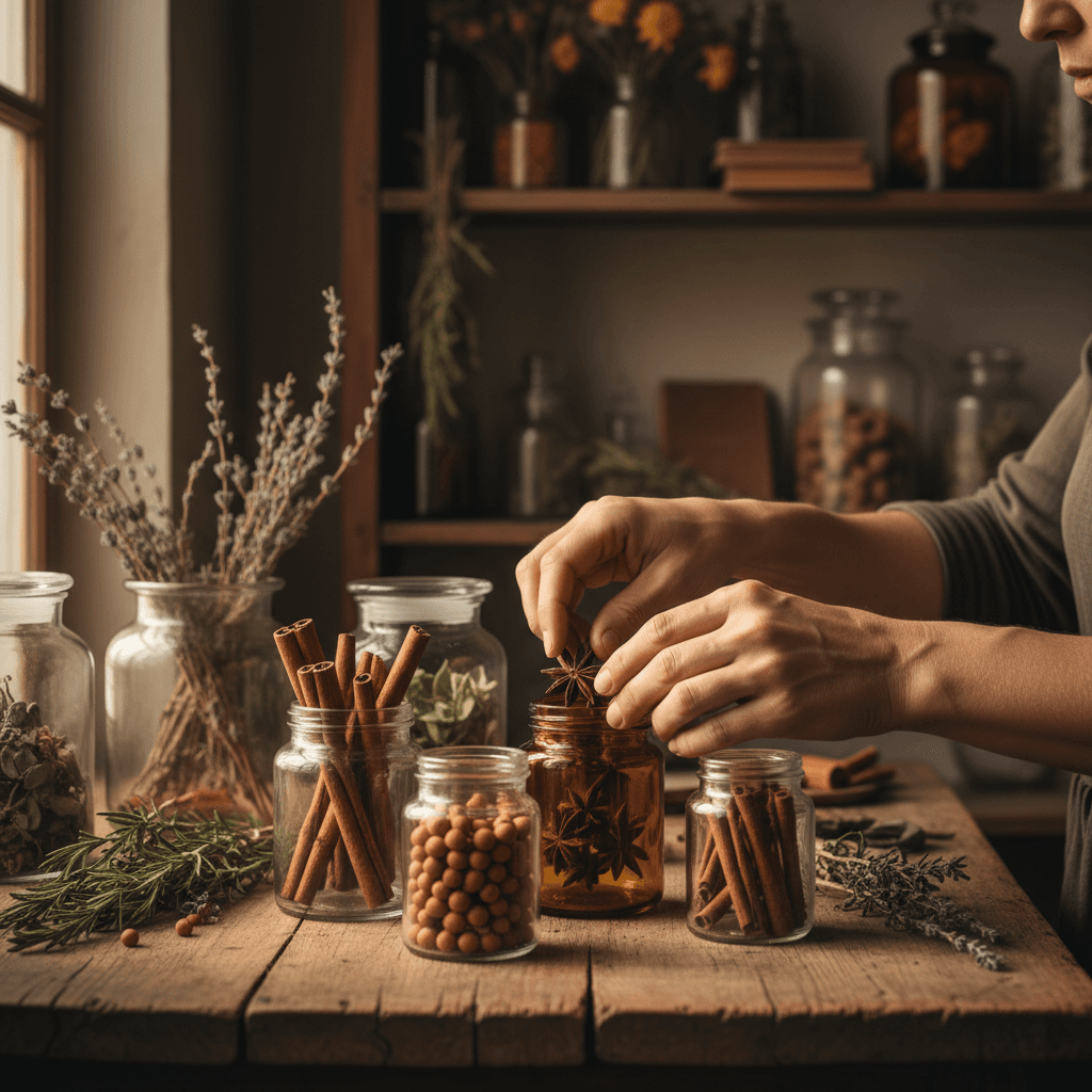 Dried herbs and Ayurvedic ingredients arranged on a wooden table in the Paris shop