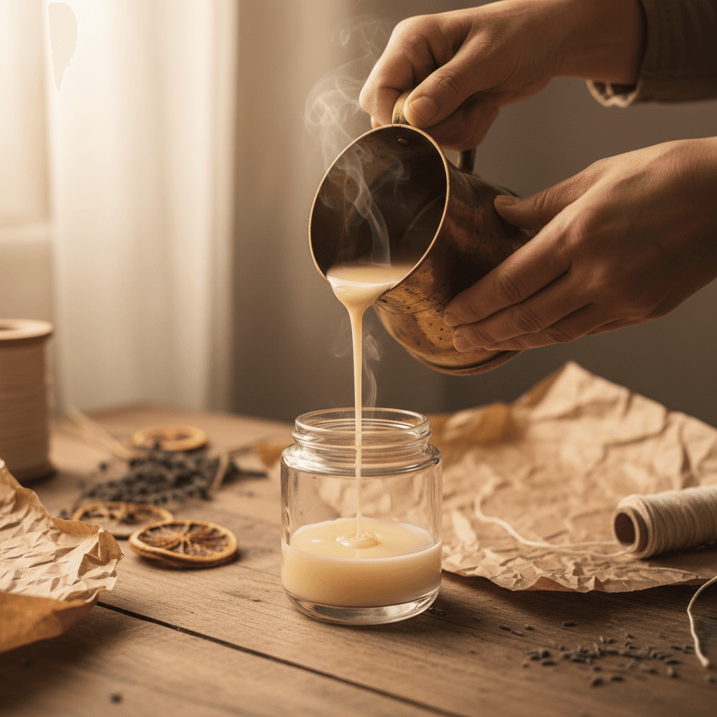 Hands pouring herbal oil into a glass bottle