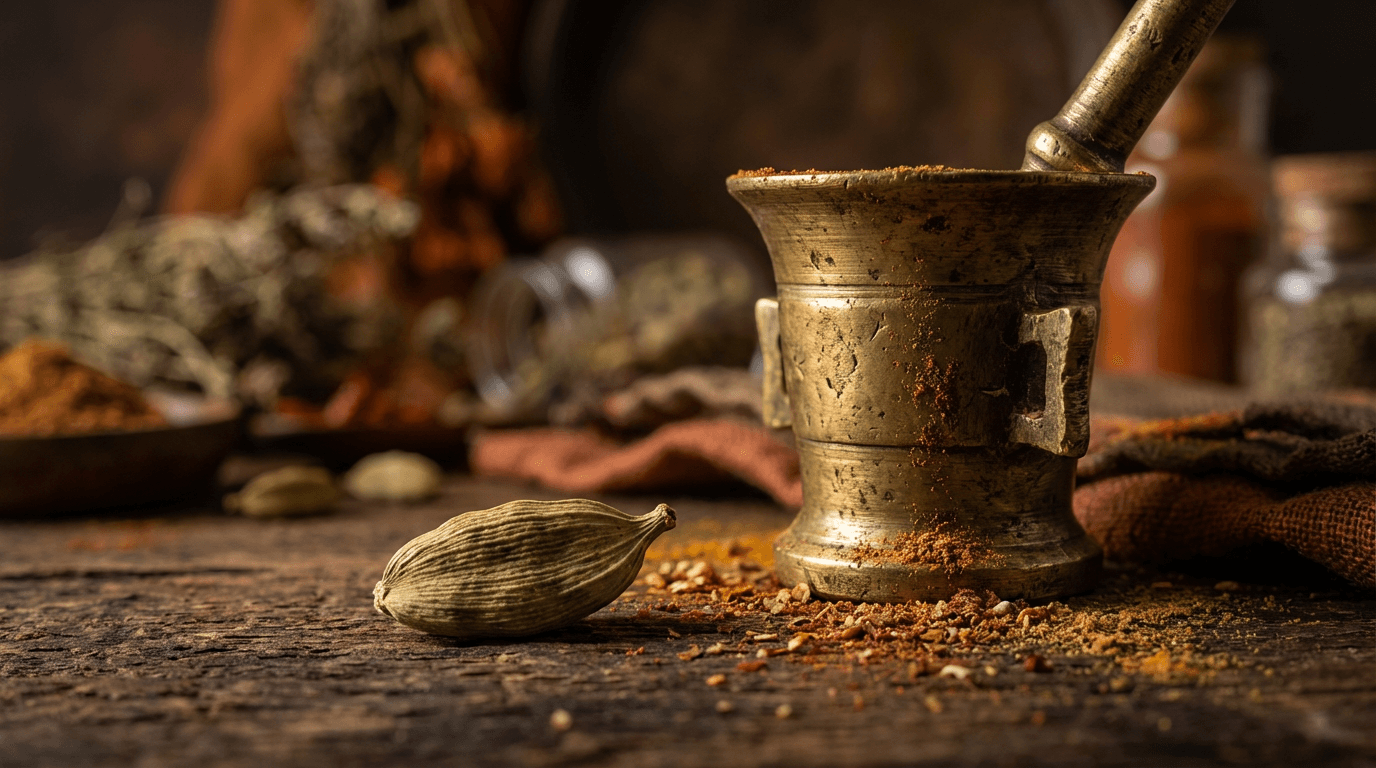Hands grinding herbs in a mortar