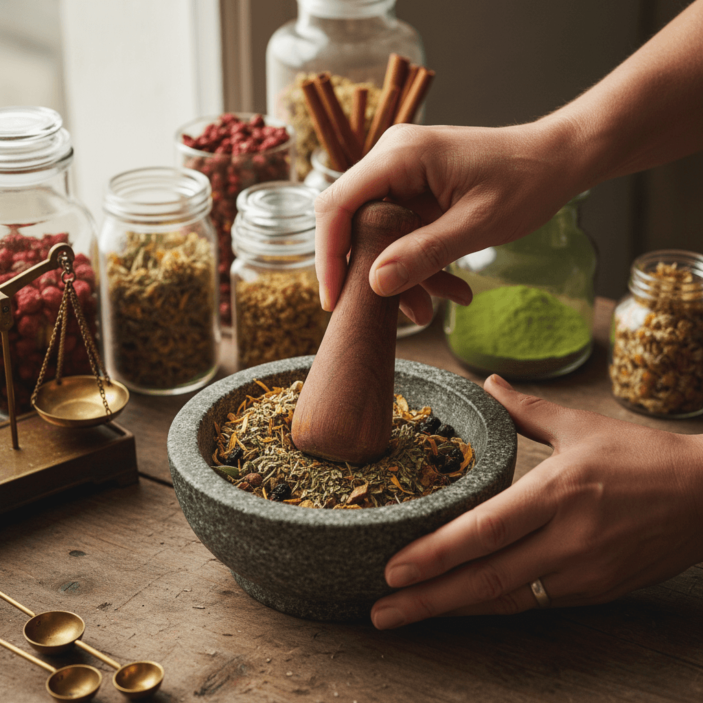 Dried herbs and roots on a wooden table